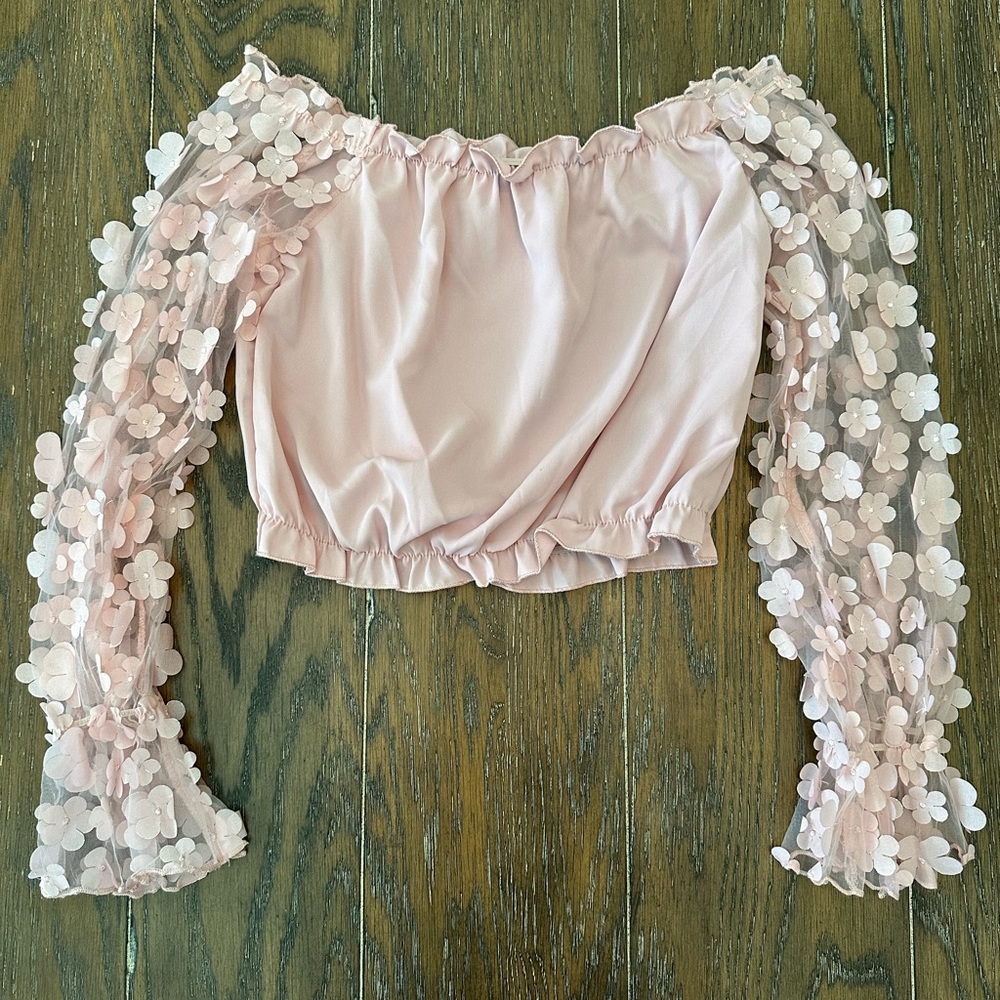 Pink Floral Top with Sheer Sleeves